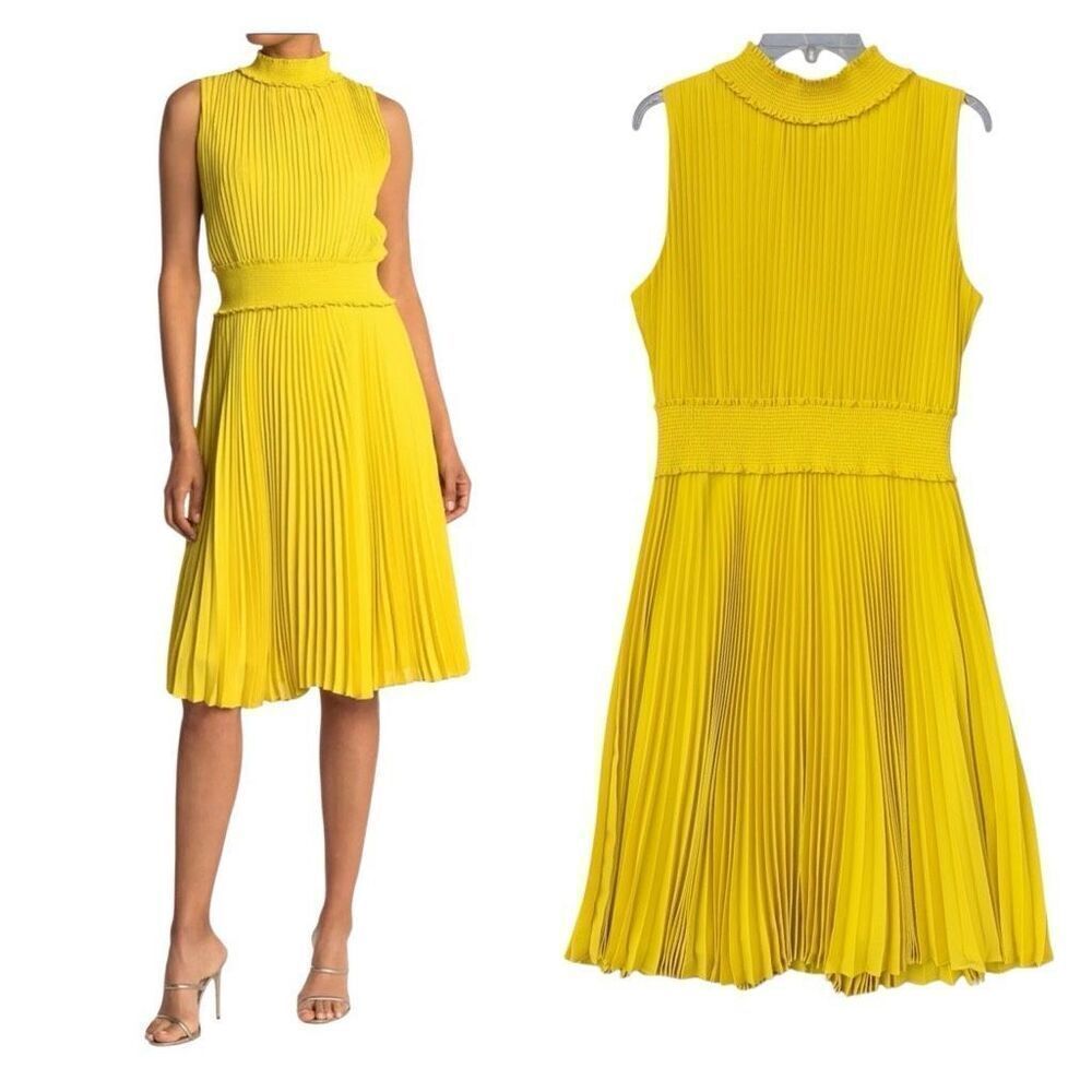 Nanette Lepore Smocked Neck Flattery MIDI Dress Pleated Mock Yellow Size 14